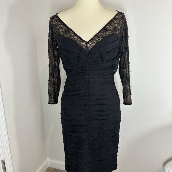 Tadashi Off Shoulder Silk Black Long Sleeve Cocktail Midi Dress Sz 10 Illusion - Picture 4 of 11